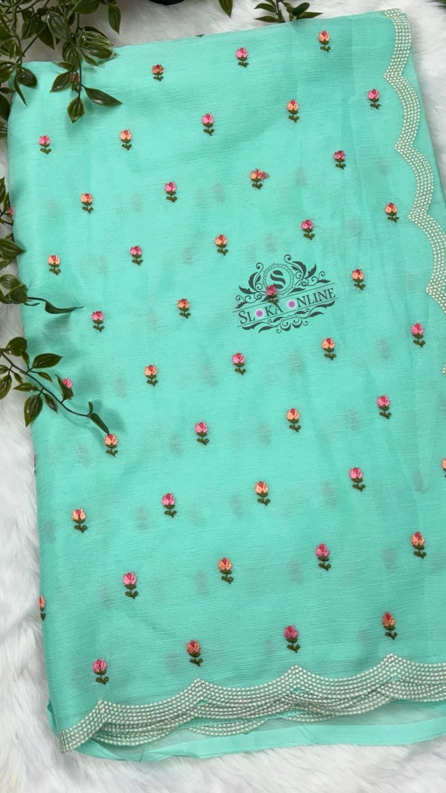 Beautiful and Elegant Wrinkle Chiffon Sarees With Allover Embroidery Work