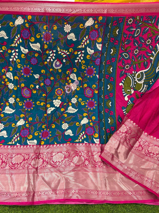 Elegant Kanchi Designed Spun Kalamkari Silk sarees