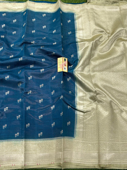 Exclusive Pure Handloom Banarasi Iktara Green Mango Pattu Sarees